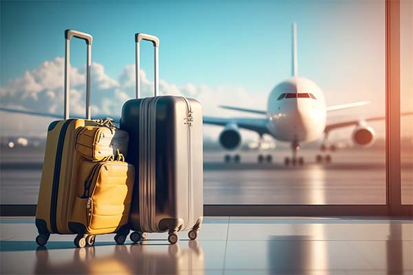 Airport luggage with aeroplane in the background