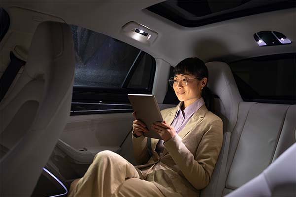 Business women sat in rear of vehicle